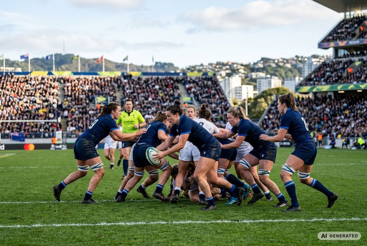 joueuses de rugby féminin en bleu lors d'un match international dans un stade